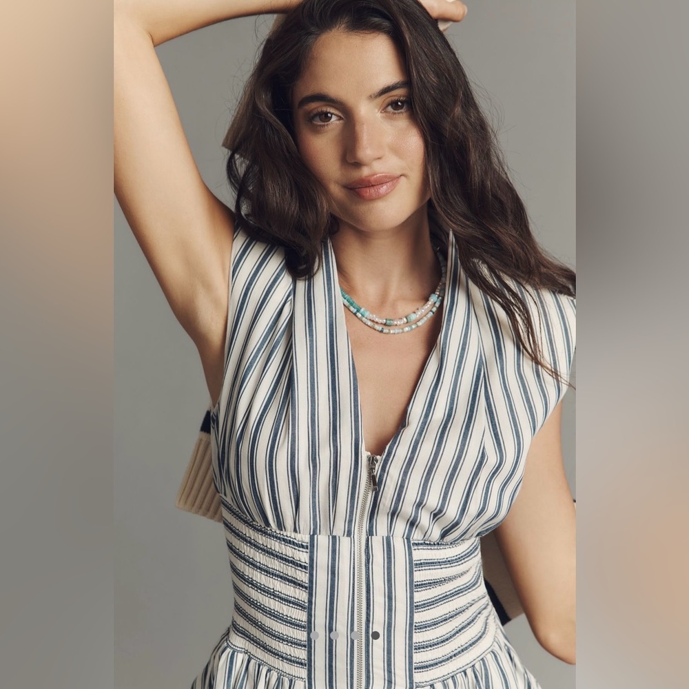 The Tommie Cap Sleeve stripe smocked front zip mini shirt dress - Picture 5 of 10